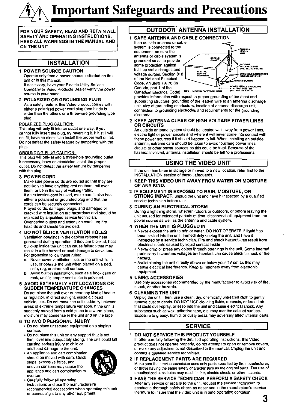 Jyh important safeguards and precautions, Outdoor antenna installation, Installation | Using the video unit, Service, Important safeguards and precautions, Outdoor antenna installation installation | Panasonic pvm1348 User Manual | Page 3 / 32