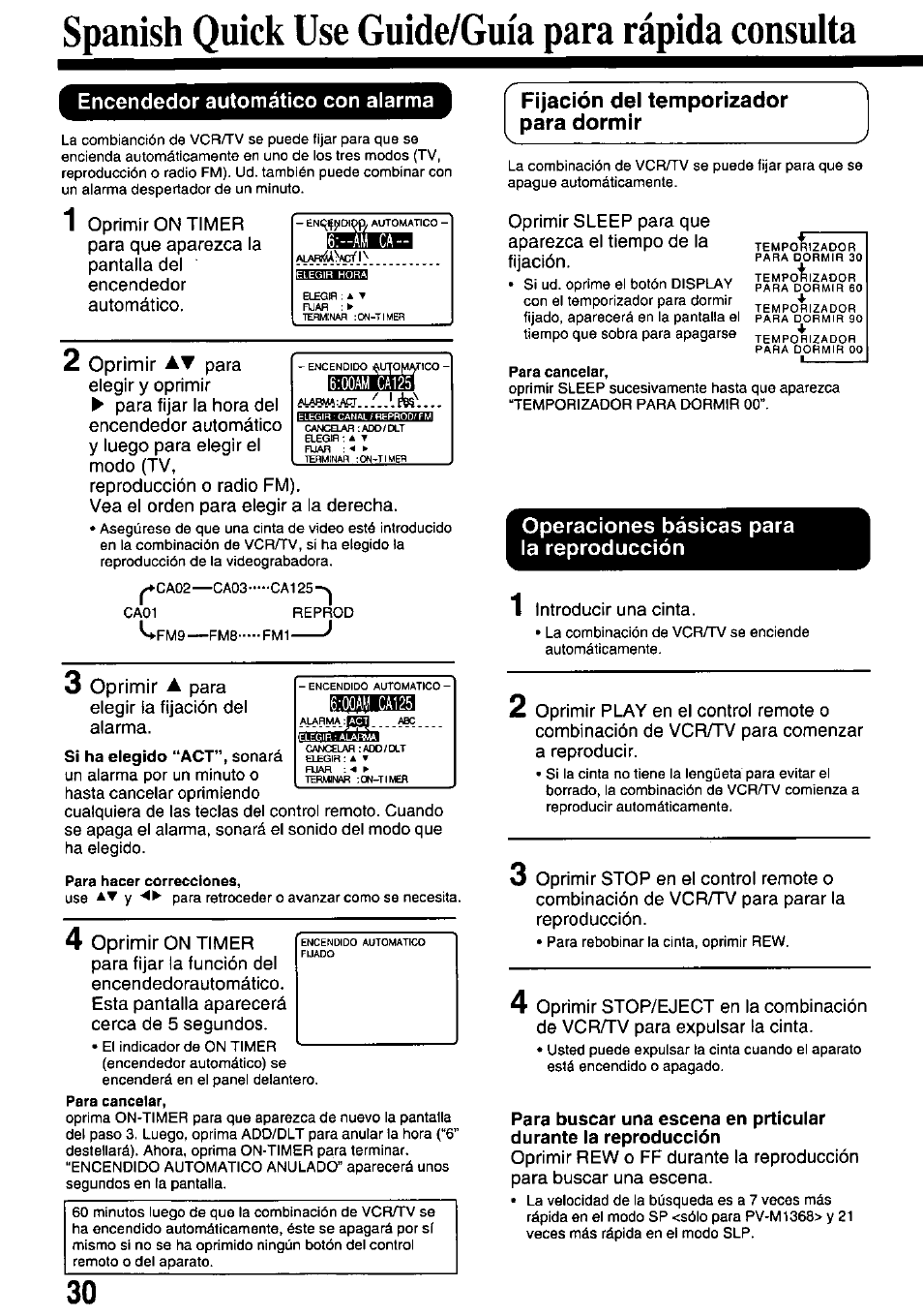 Spanish quick use guide/guia para rapida consulta, Encendedor automático con alarma, Fijación del temporizador ^ para dormir | Operaciones básicas para la reproducción, Oprimir | Panasonic pvm1348 User Manual | Page 30 / 32