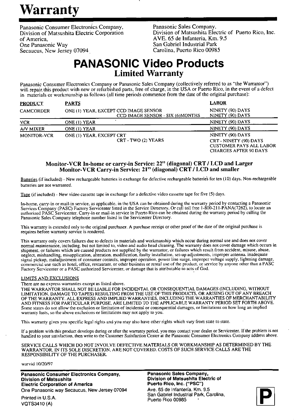 Warranty, Panasonic video products, Limited warranty | Panasonic pvm1348 User Manual | Page 32 / 32