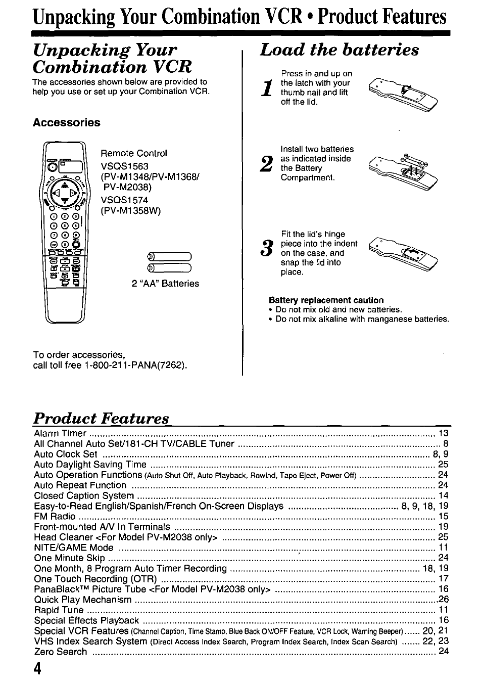 Unpacking your combination vcr • product features, Product features, Unpacking your combination vcr | Load the batteries | Panasonic pvm1348 User Manual | Page 4 / 32