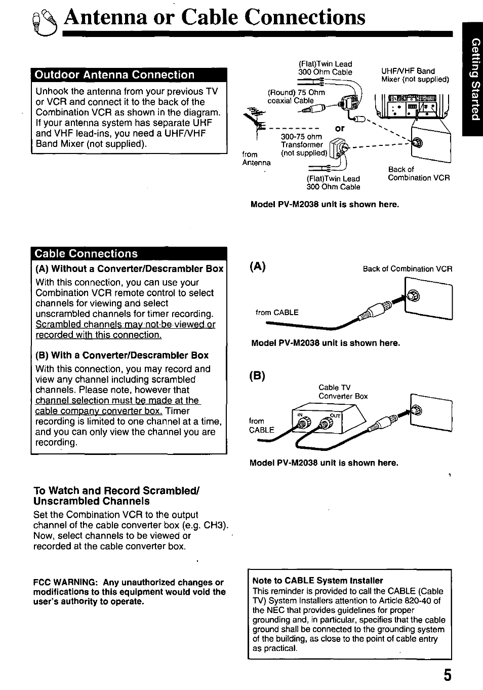 Antenna or cable connections, Outdoor antenna connection, Cable connections | B) with a converter/descrambler box | Panasonic pvm1348 User Manual | Page 5 / 32