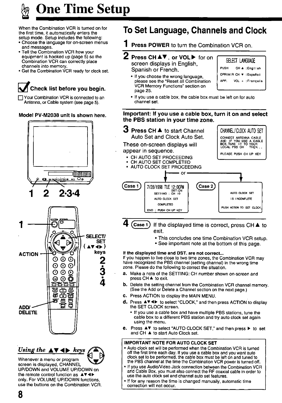 One time setup, Check list before you begin, To set language, channels and clock | 2 press chat, or vol ► for on | Panasonic pvm1348 User Manual | Page 8 / 32