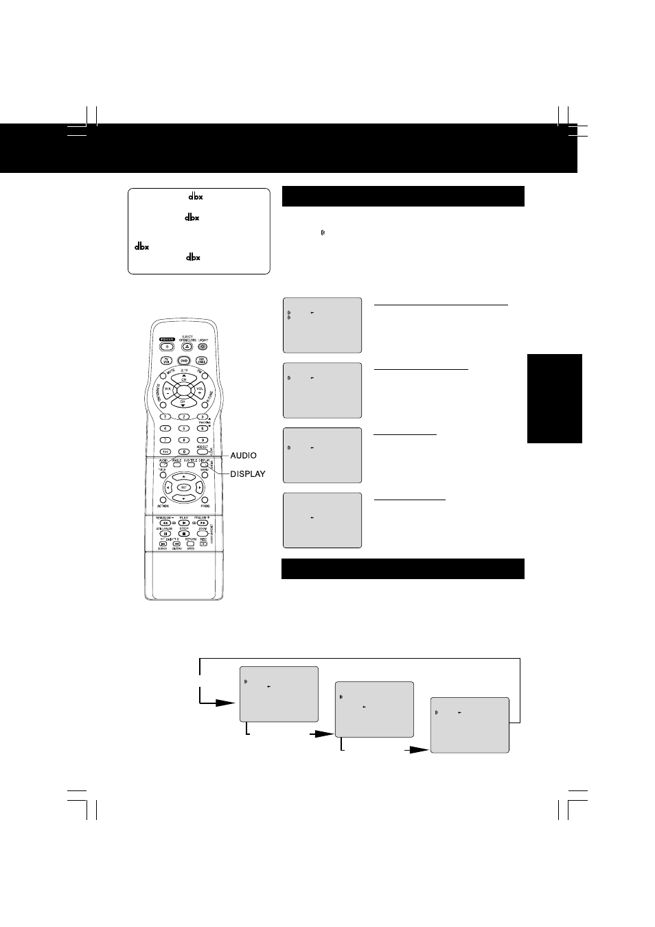 Mts broadcast / tv stereo system, Receivable broadcast types, Audio mode for tv viewing | Tv operation, Example, Arrow shows selection.), Press audio | Panasonic PV DM2092 User Manual | Page 23 / 76