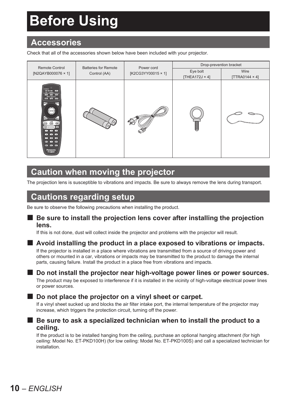 Before using, Accessories, Caution when moving the projector | Cautions regarding setup, English | Panasonic PT-D10000U User Manual | Page 10 / 132