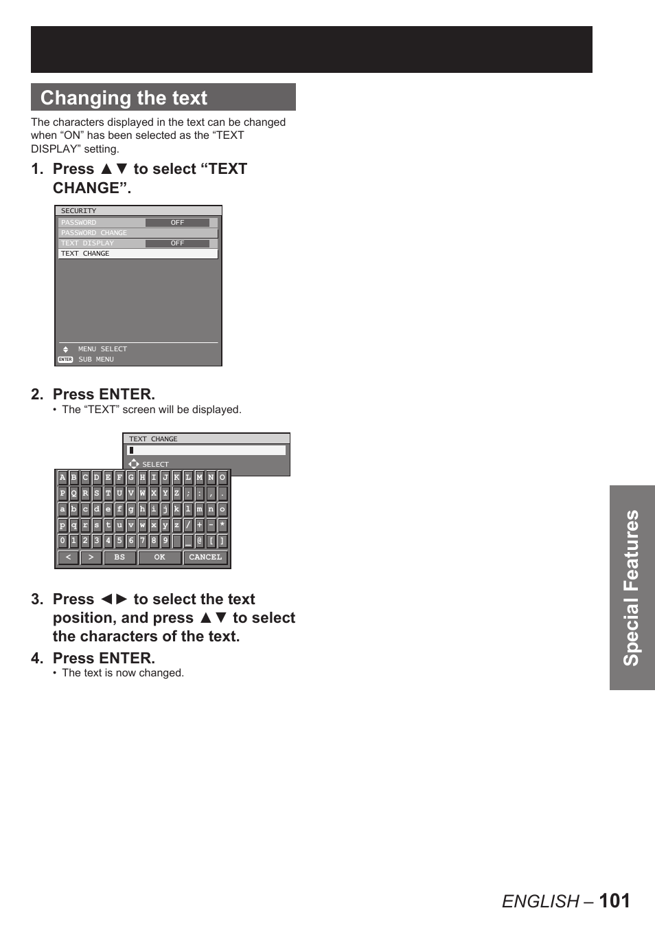 101 special features changing the text, English, Press ▲▼ to select “text change”. 2. press enter | Panasonic PT-D10000U User Manual | Page 101 / 132