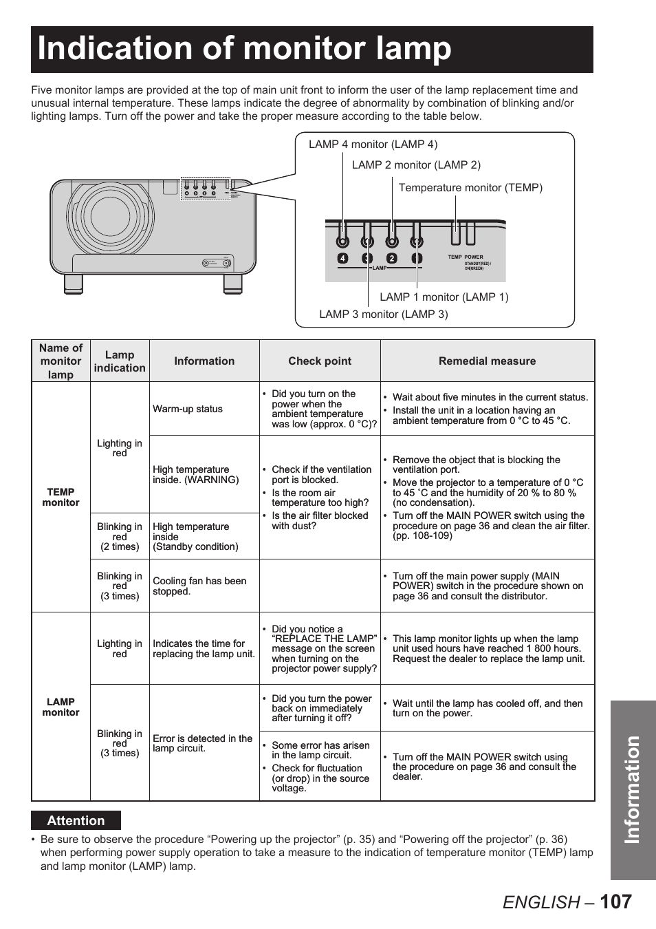 Indication of monitor lamp, 107 information, English | Attention | Panasonic PT-D10000U User Manual | Page 107 / 132