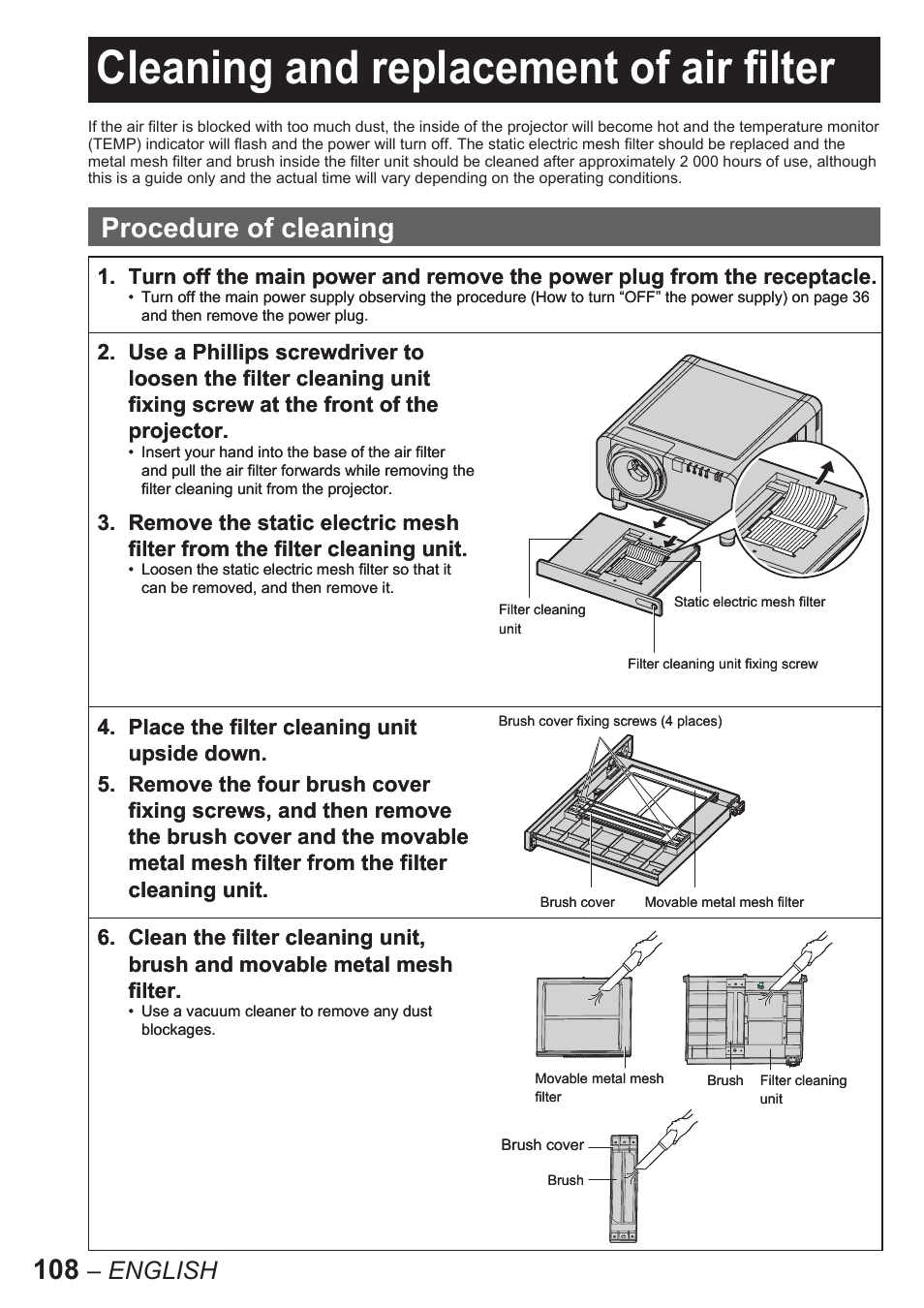 Cleaning and replacement of air filter, Procedure of cleaning, English | Panasonic PT-D10000U User Manual | Page 108 / 132