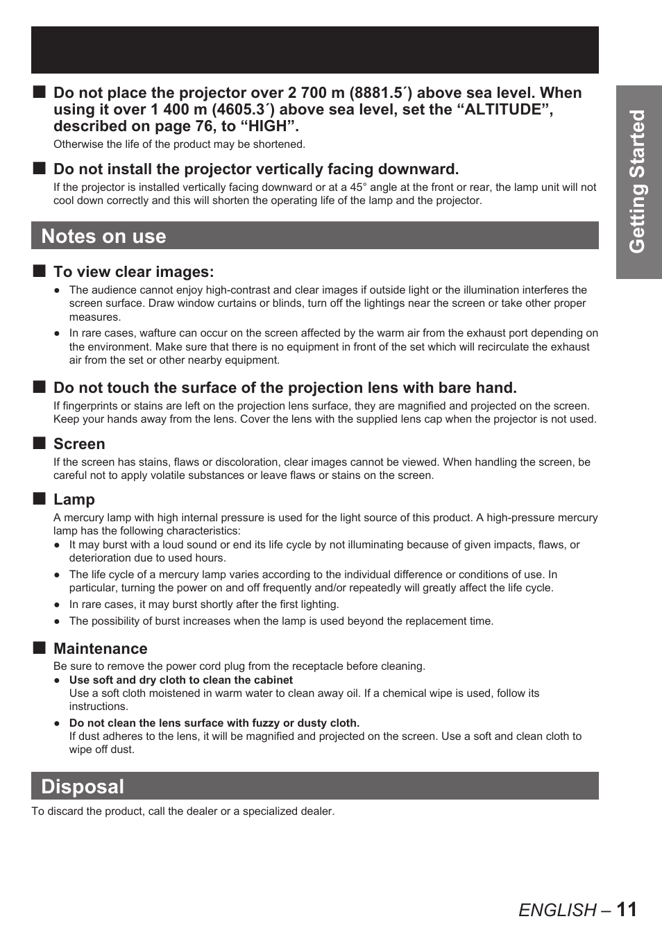 11 getting started, Disposal | Panasonic PT-D10000U User Manual | Page 11 / 132