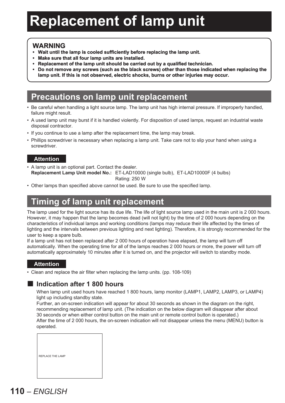 Replacement of lamp unit, Precautions on lamp unit replacement, Timing of lamp unit replacement | English | Panasonic PT-D10000U User Manual | Page 110 / 132