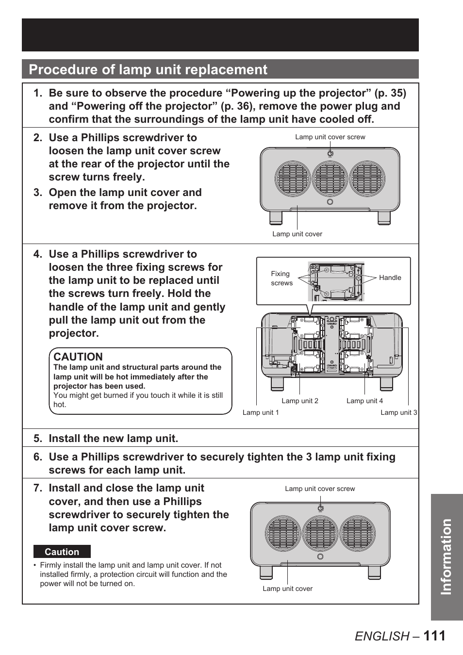 111 information procedure of lamp unit replacement, English | Panasonic PT-D10000U User Manual | Page 111 / 132