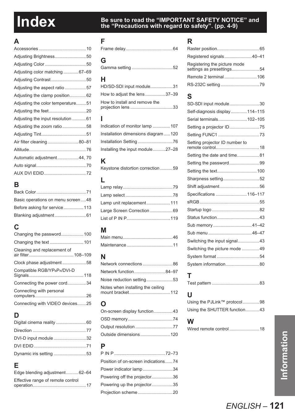 Index, 121 information, English | Panasonic PT-D10000U User Manual | Page 121 / 132