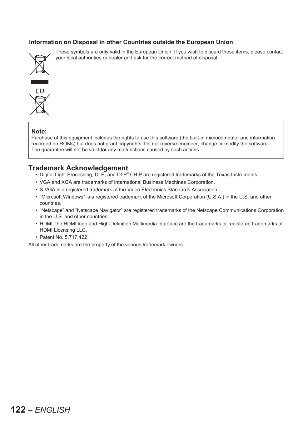 English, Trademark acknowledgement | Panasonic PT-D10000U User Manual | Page 122 / 132