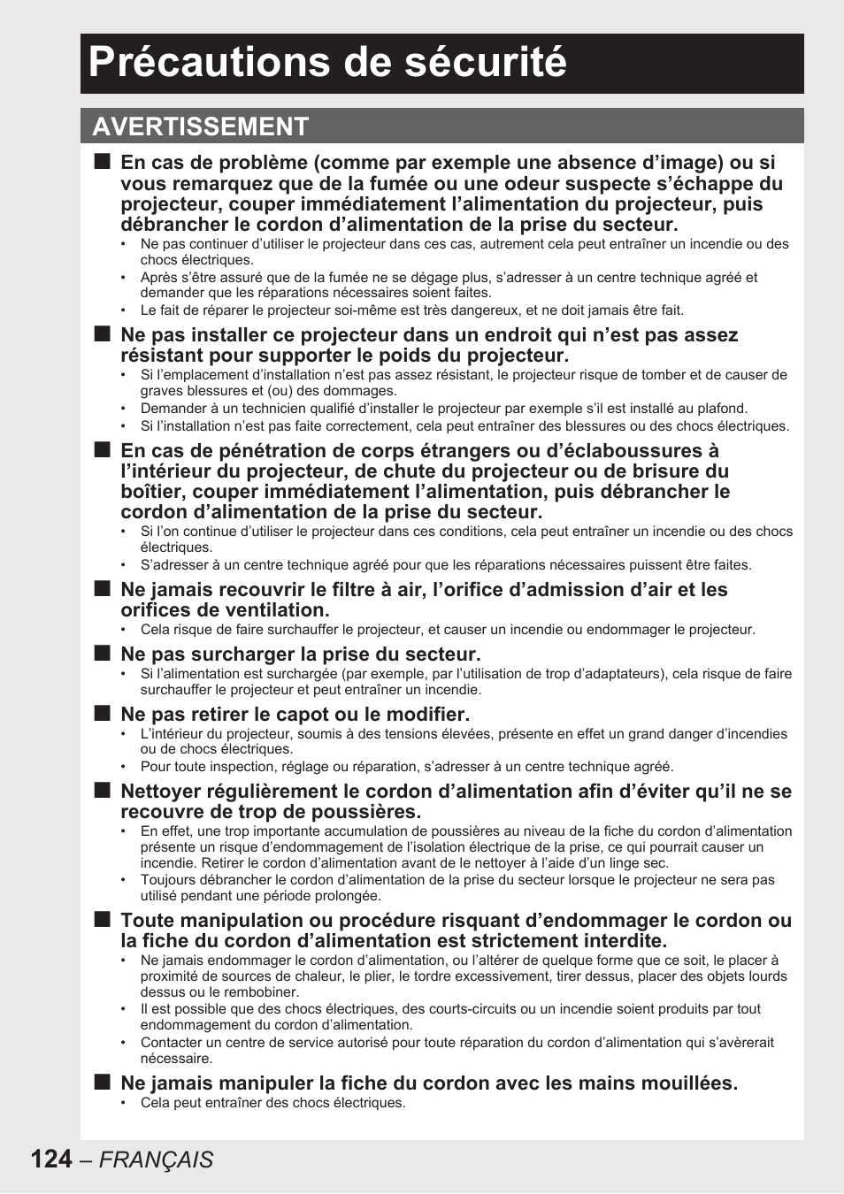 Précautions de sécurité, Avertissement | Panasonic PT-D10000U User Manual | Page 124 / 132