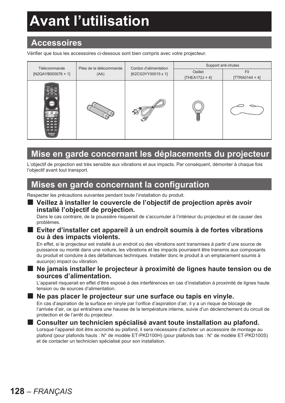 Avant l’utilisation, Accessoires, Mises en garde concernant la configuration | Français | Panasonic PT-D10000U User Manual | Page 128 / 132