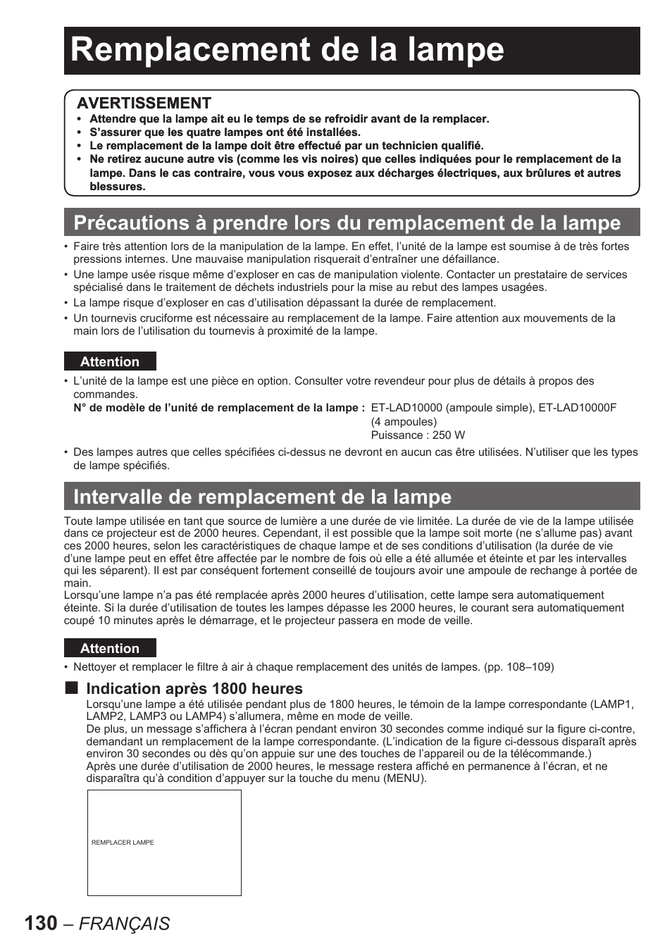 Remplacement de la lampe, Intervalle de remplacement de la lampe, Français | Indication après 1800 heures, Avertissement | Panasonic PT-D10000U User Manual | Page 130 / 132
