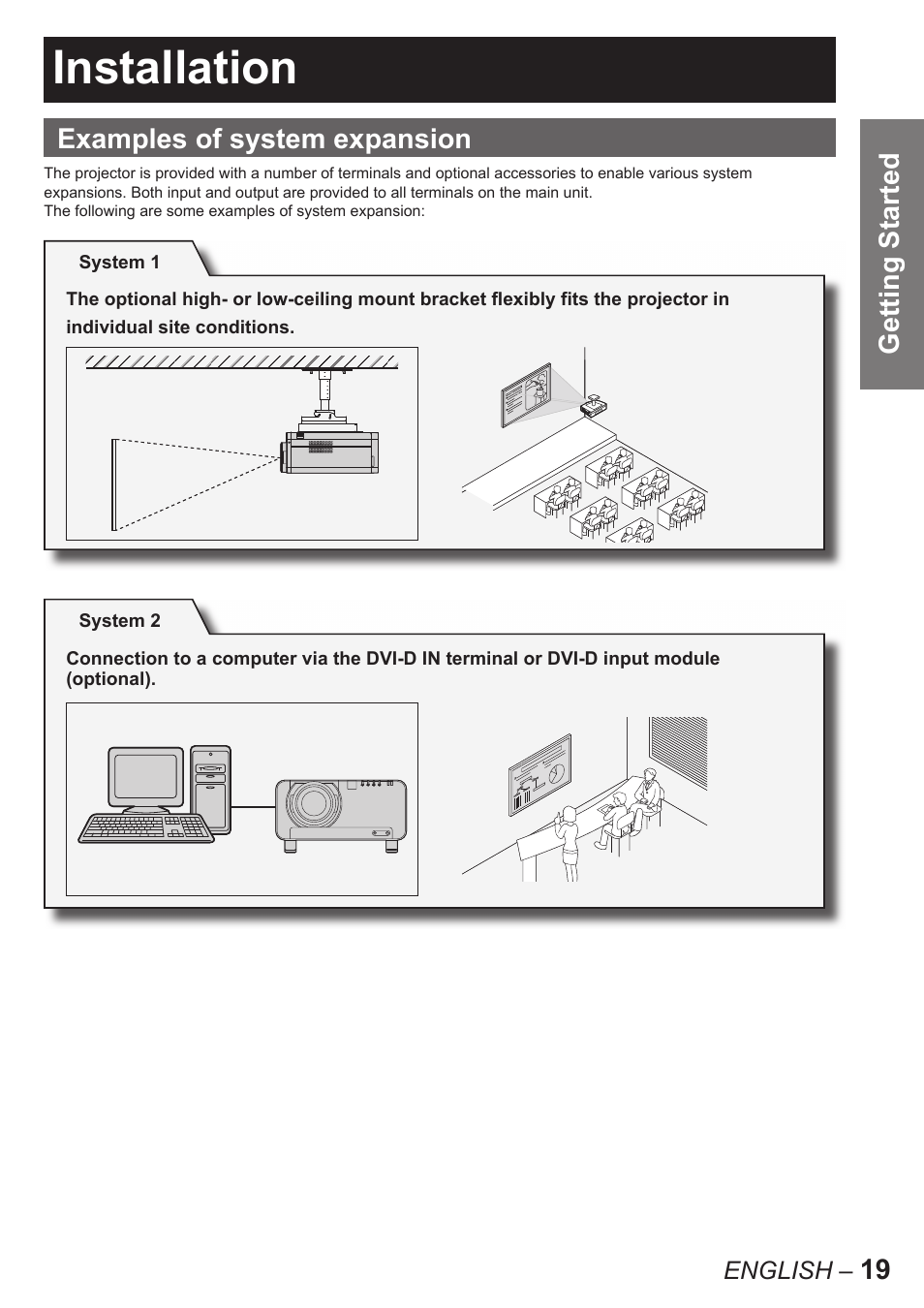 Installation, 19 getting started examples of system expansion | Panasonic PT-D10000U User Manual | Page 19 / 132