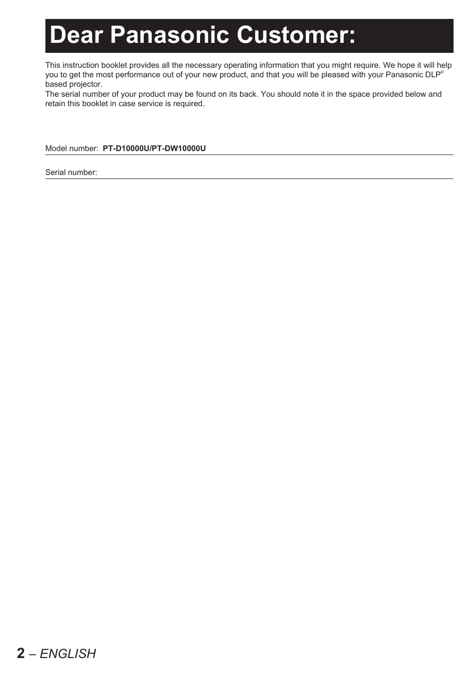Dear panasonic customer, English | Panasonic PT-D10000U User Manual | Page 2 / 132