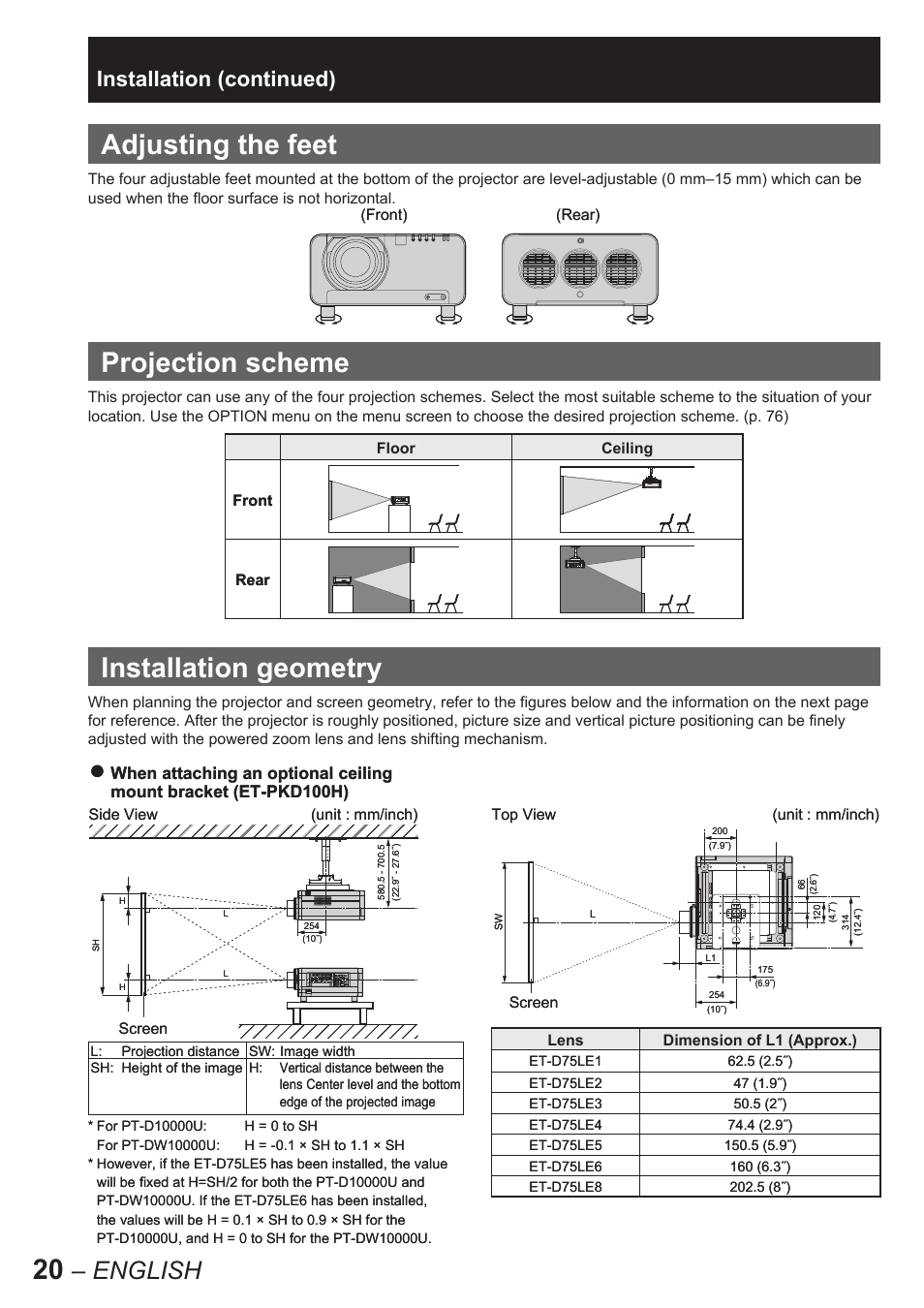 Adjusting the feet, Projection scheme, Installation geometry | English, Installation (continued) | Panasonic PT-D10000U User Manual | Page 20 / 132