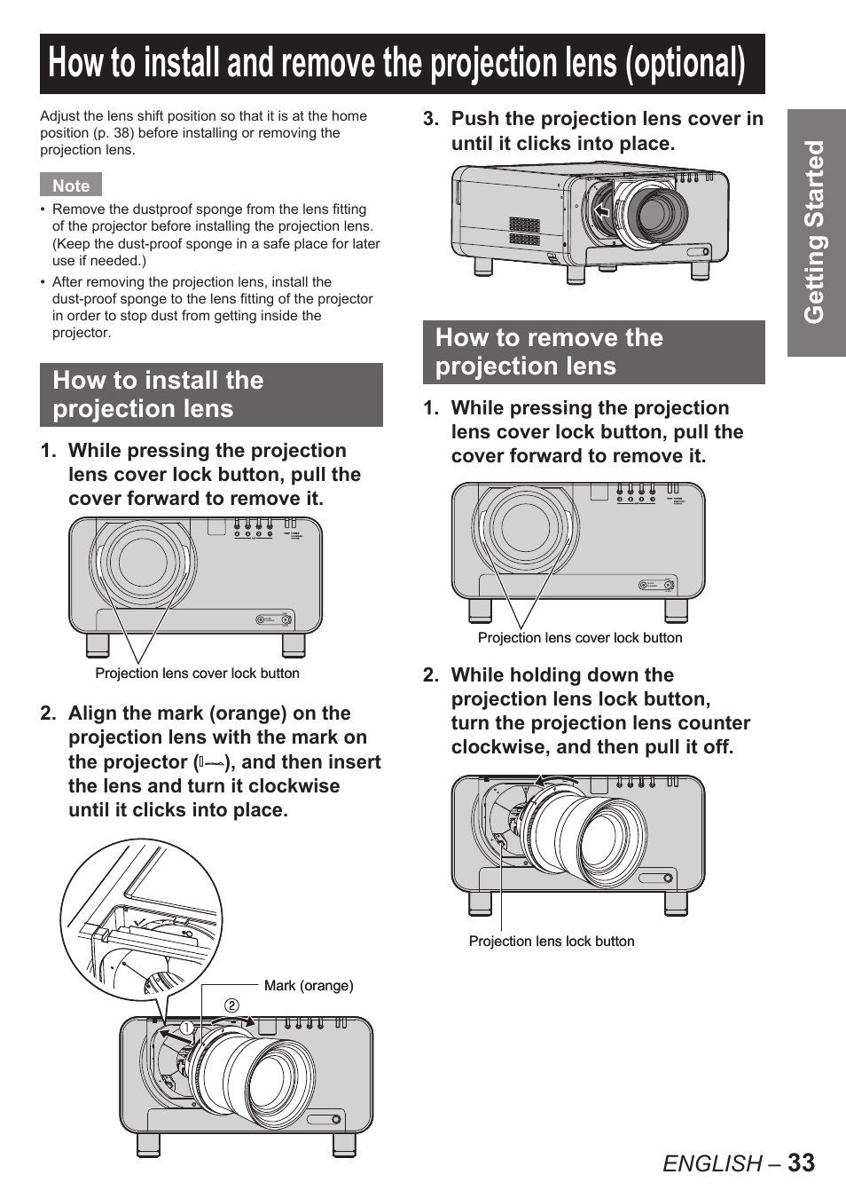 33 getting started, How to install the projection lens, How to remove the projection lens | English | Panasonic PT-D10000U User Manual | Page 33 / 132