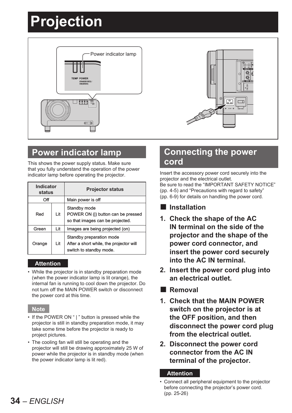 Projection, Power indicator lamp, Connecting the power cord | English | Panasonic PT-D10000U User Manual | Page 34 / 132