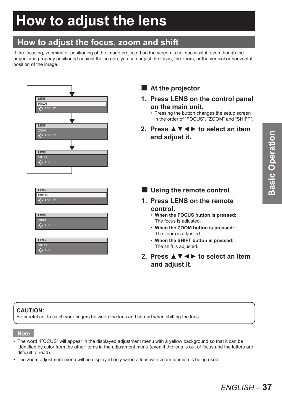 How to adjust the lens, 37 basic operation, How to adjust the focus, zoom and shift | English, Press ▲▼◄► to select an item and adjust it | Panasonic PT-D10000U User Manual | Page 37 / 132