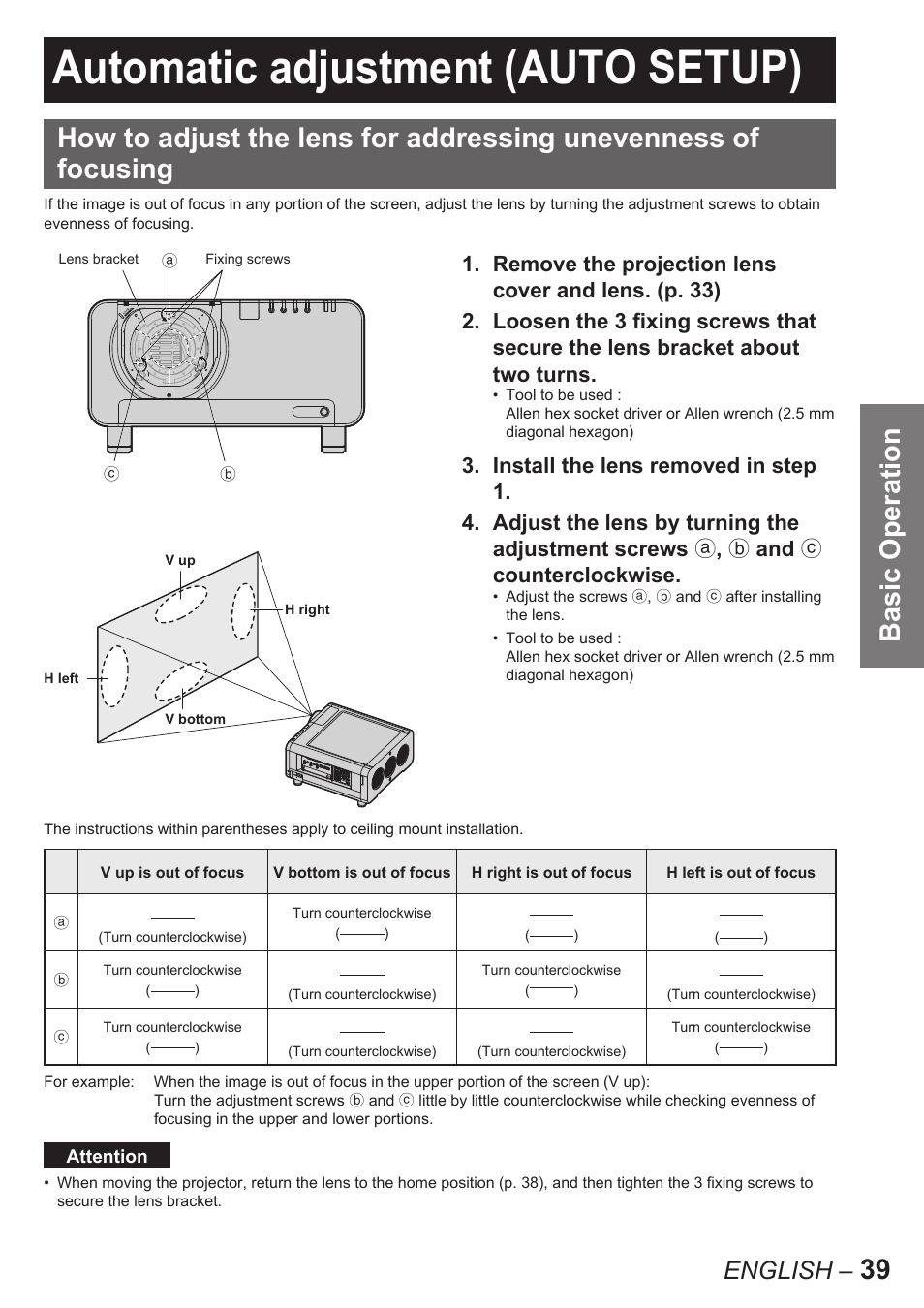 Automatic adjustment (auto setup), 39 basic operation, English | Panasonic PT-D10000U User Manual | Page 39 / 132