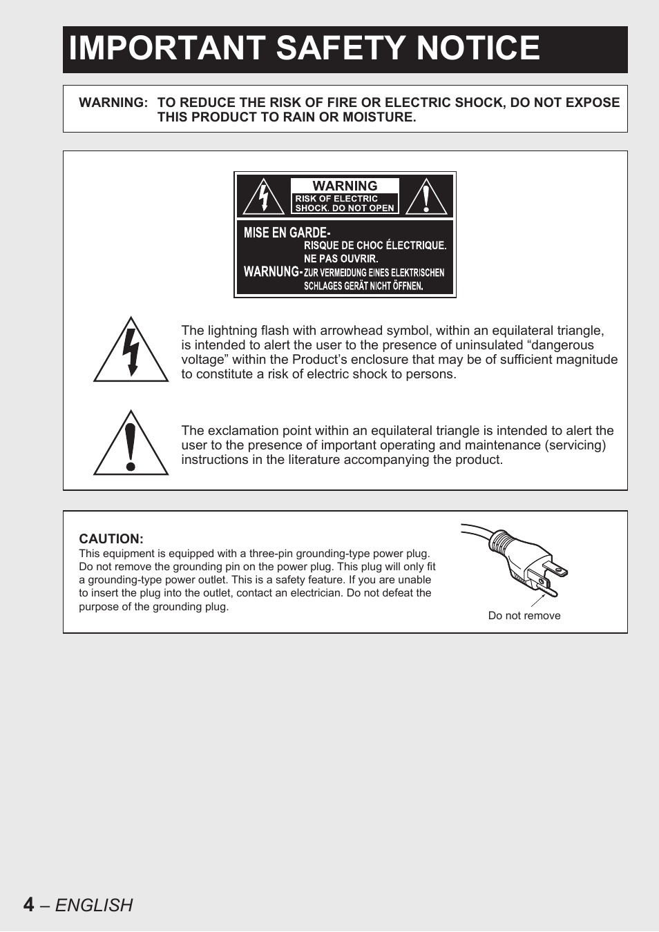 Important safety notice, English | Panasonic PT-D10000U User Manual | Page 4 / 132