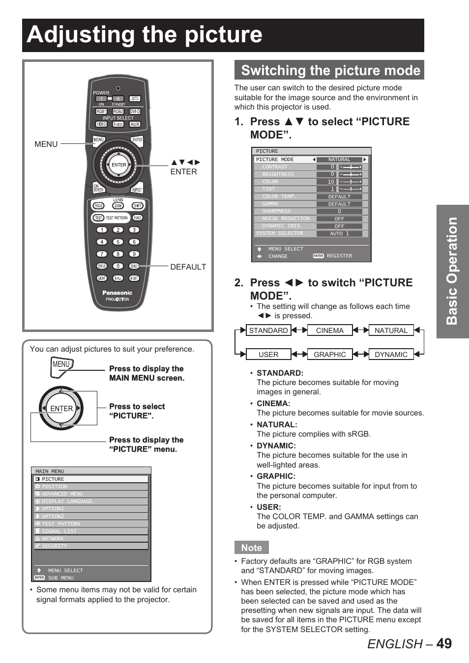 Adjusting the picture, 49 basic operation, Switching the picture mode | English | Panasonic PT-D10000U User Manual | Page 49 / 132