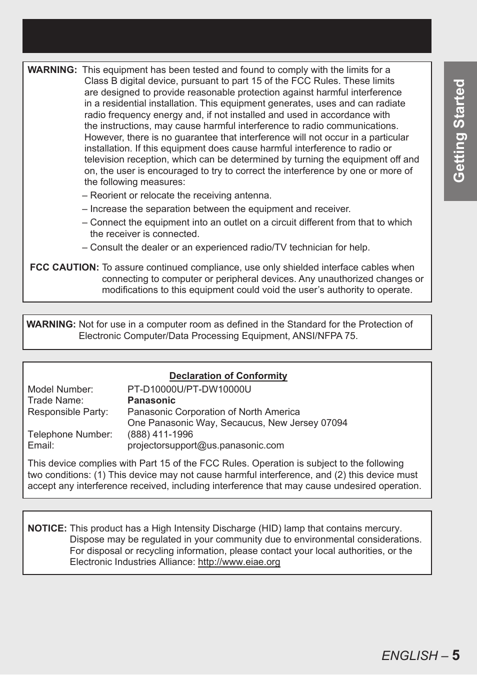 5getting started, English | Panasonic PT-D10000U User Manual | Page 5 / 132
