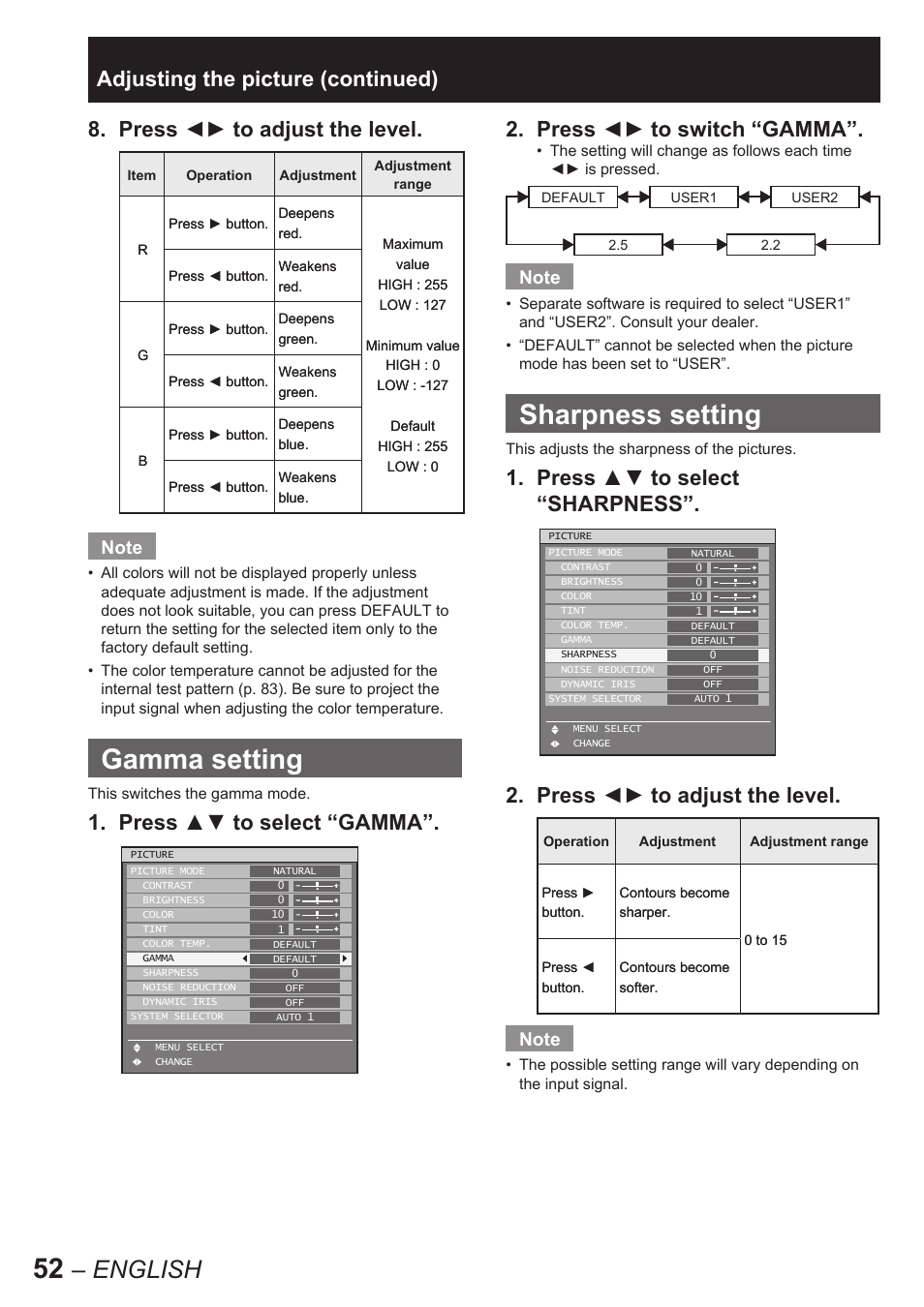 Gamma setting, Sharpness setting, English | Press ◄► to adjust the level, Press ▲▼ to select “gamma, Press ◄► to switch “gamma, Adjusting the picture (continued) | Panasonic PT-D10000U User Manual | Page 52 / 132