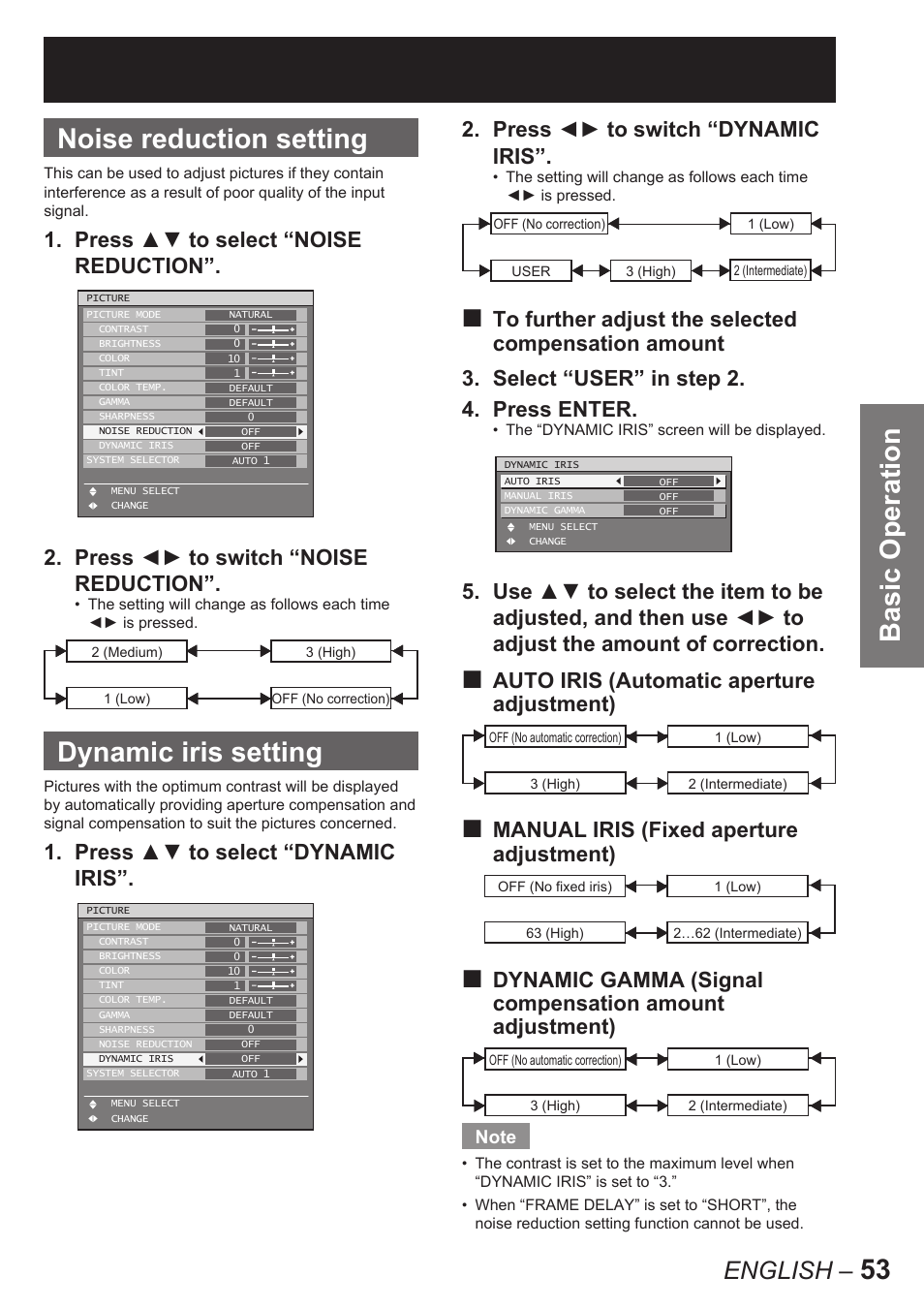 53 basic operation noise reduction setting, Dynamic iris setting, English | Press ▲▼ to select “dynamic iris, Press ◄► to switch “dynamic iris | Panasonic PT-D10000U User Manual | Page 53 / 132