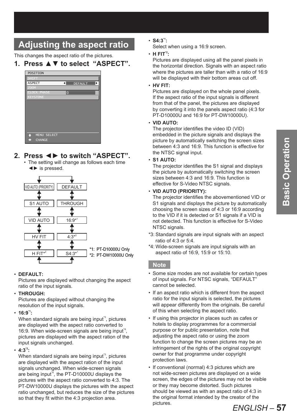 57 basic operation adjusting the aspect ratio, English | Panasonic PT-D10000U User Manual | Page 57 / 132