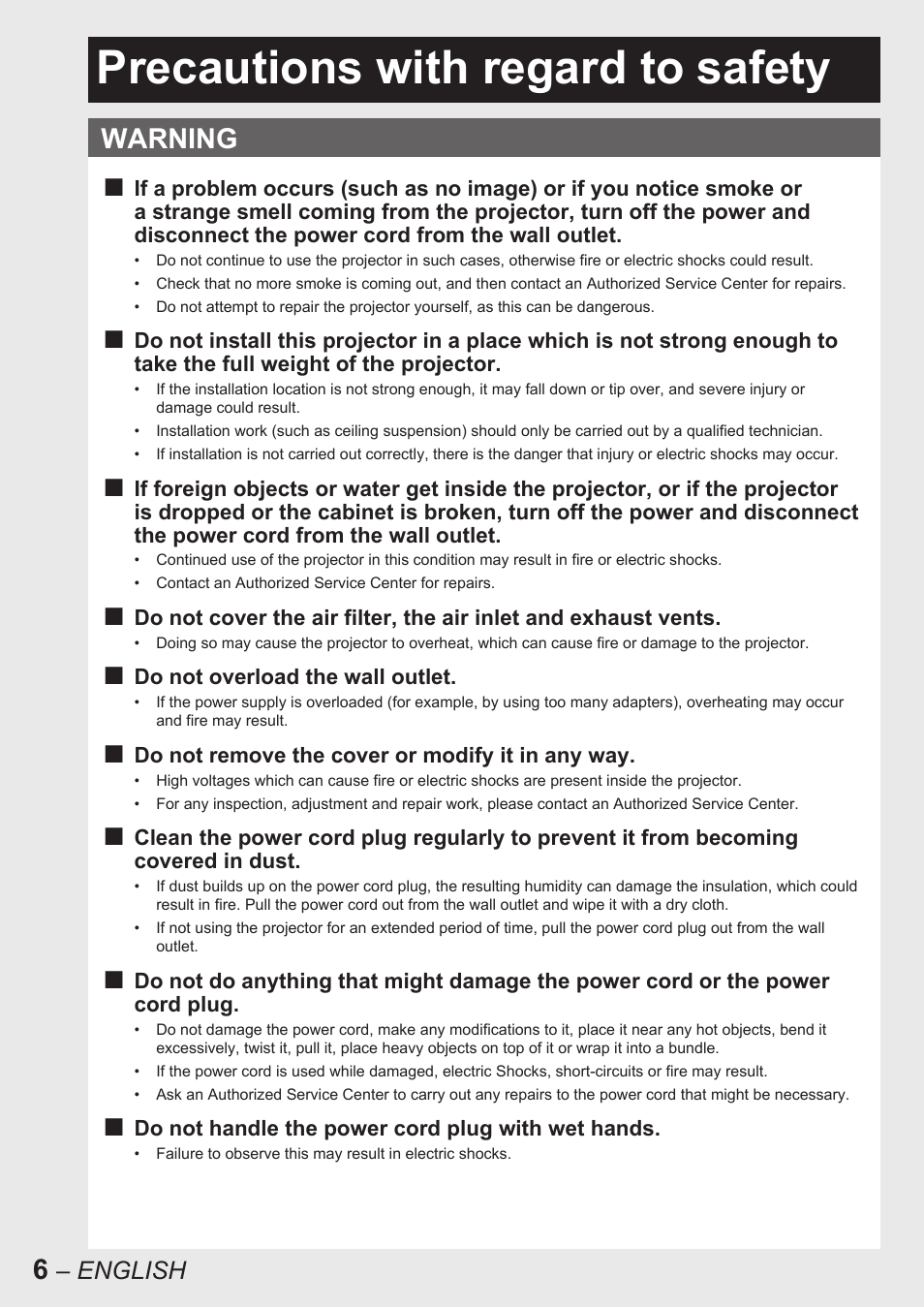 Precautions with regard to safety, Warning | Panasonic PT-D10000U User Manual | Page 6 / 132