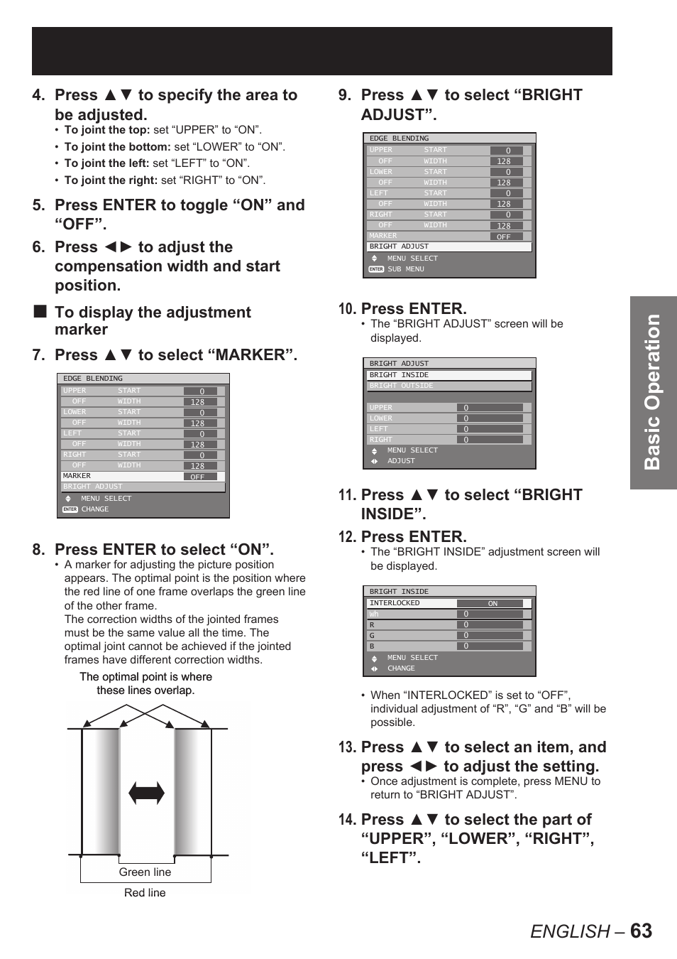 63 basic operation, English, Press ▲▼ to specify the area to be adjusted | Panasonic PT-D10000U User Manual | Page 63 / 132