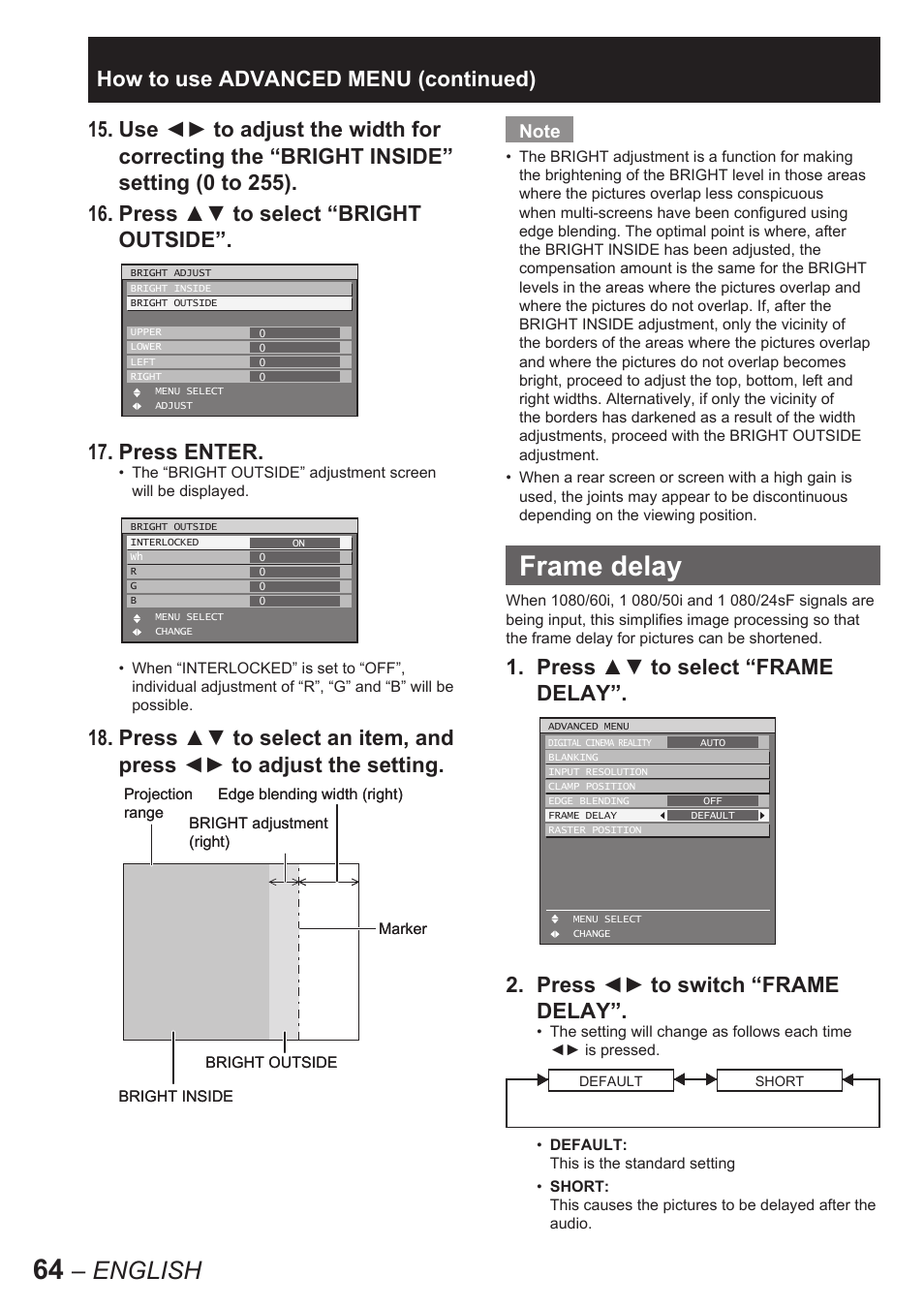 Frame delay, English, How to use advanced menu (continued) | Panasonic PT-D10000U User Manual | Page 64 / 132