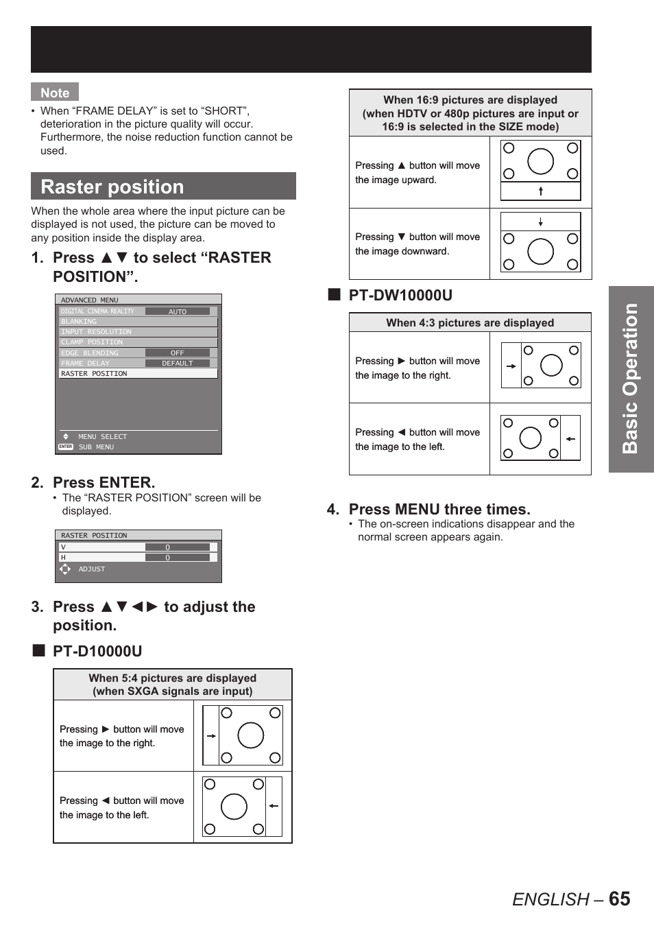 65 basic operation, Raster position, English | Panasonic PT-D10000U User Manual | Page 65 / 132