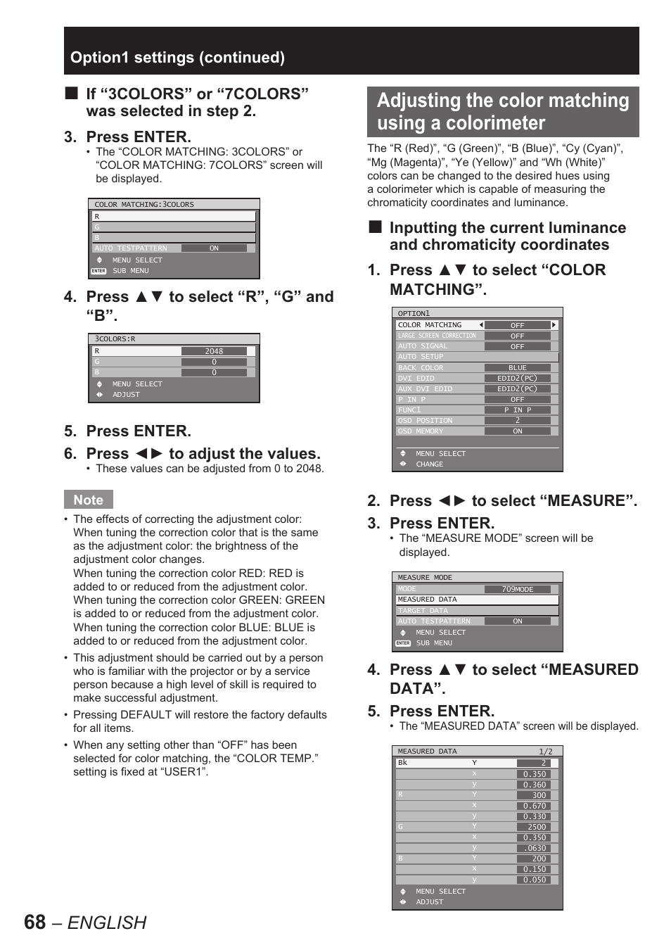 Adjusting the color matching using a colorimeter, English, Press ▲▼ to select “measured data”. 5. press enter | Panasonic PT-D10000U User Manual | Page 68 / 132