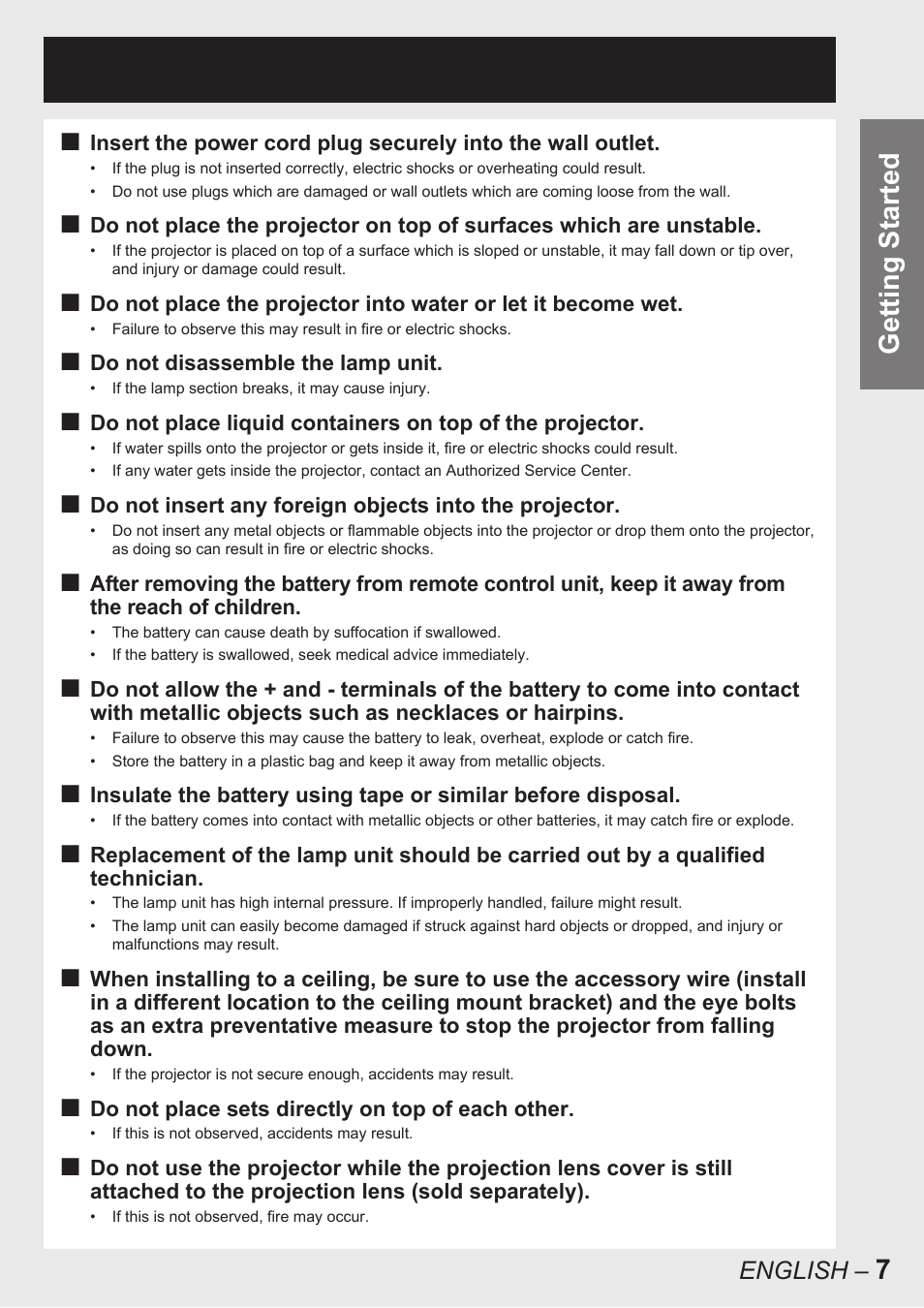 7getting started | Panasonic PT-D10000U User Manual | Page 7 / 132
