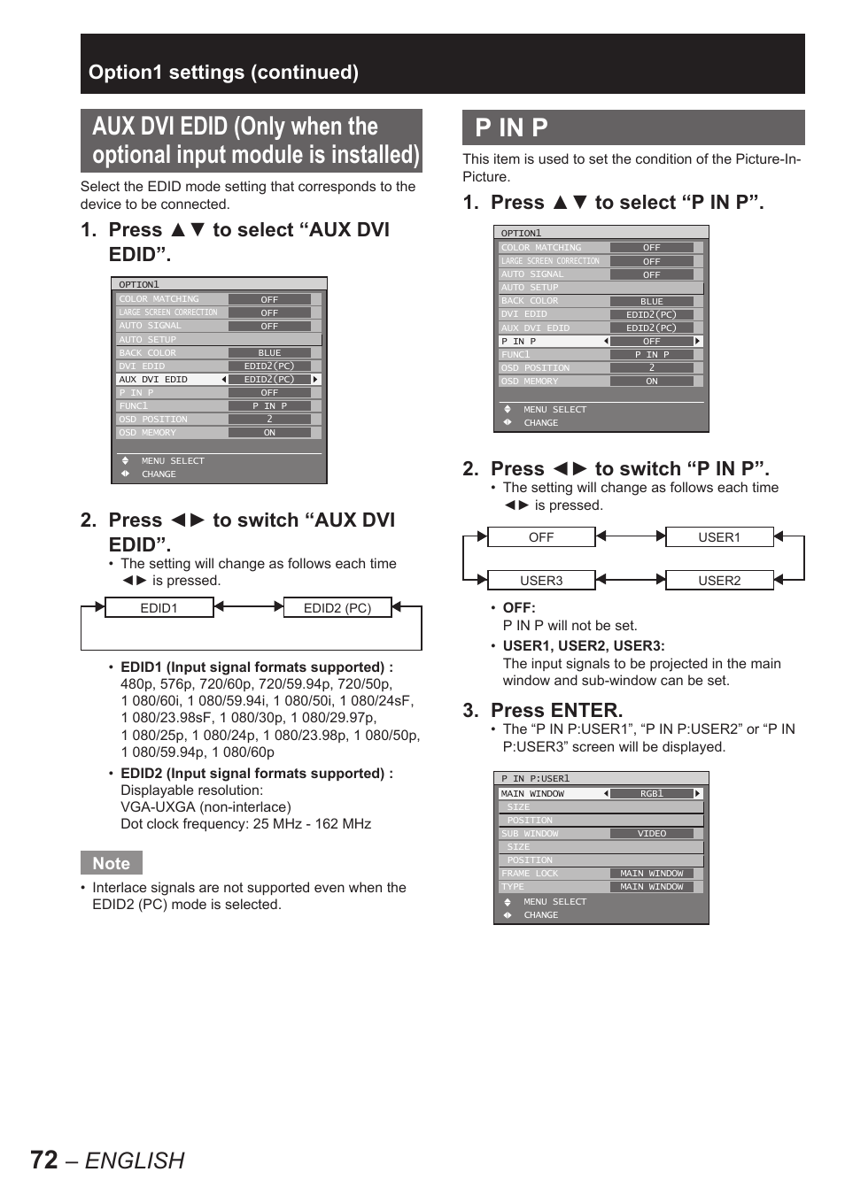 P in p, English, Option1 settings (continued) | Press enter | Panasonic PT-D10000U User Manual | Page 72 / 132