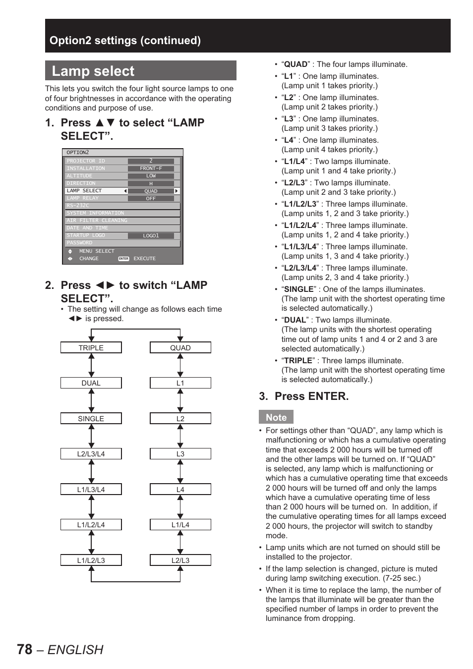 Lamp select, English, Option2 settings (continued) | Press enter | Panasonic PT-D10000U User Manual | Page 78 / 132