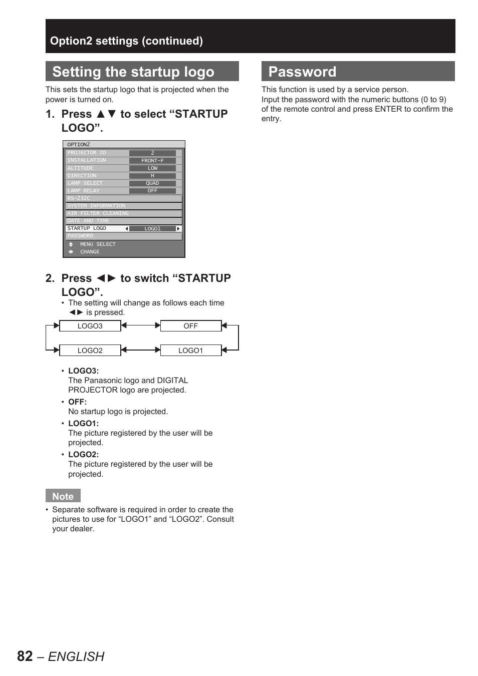 Setting the startup logo, Password, English | Option2 settings (continued) | Panasonic PT-D10000U User Manual | Page 82 / 132