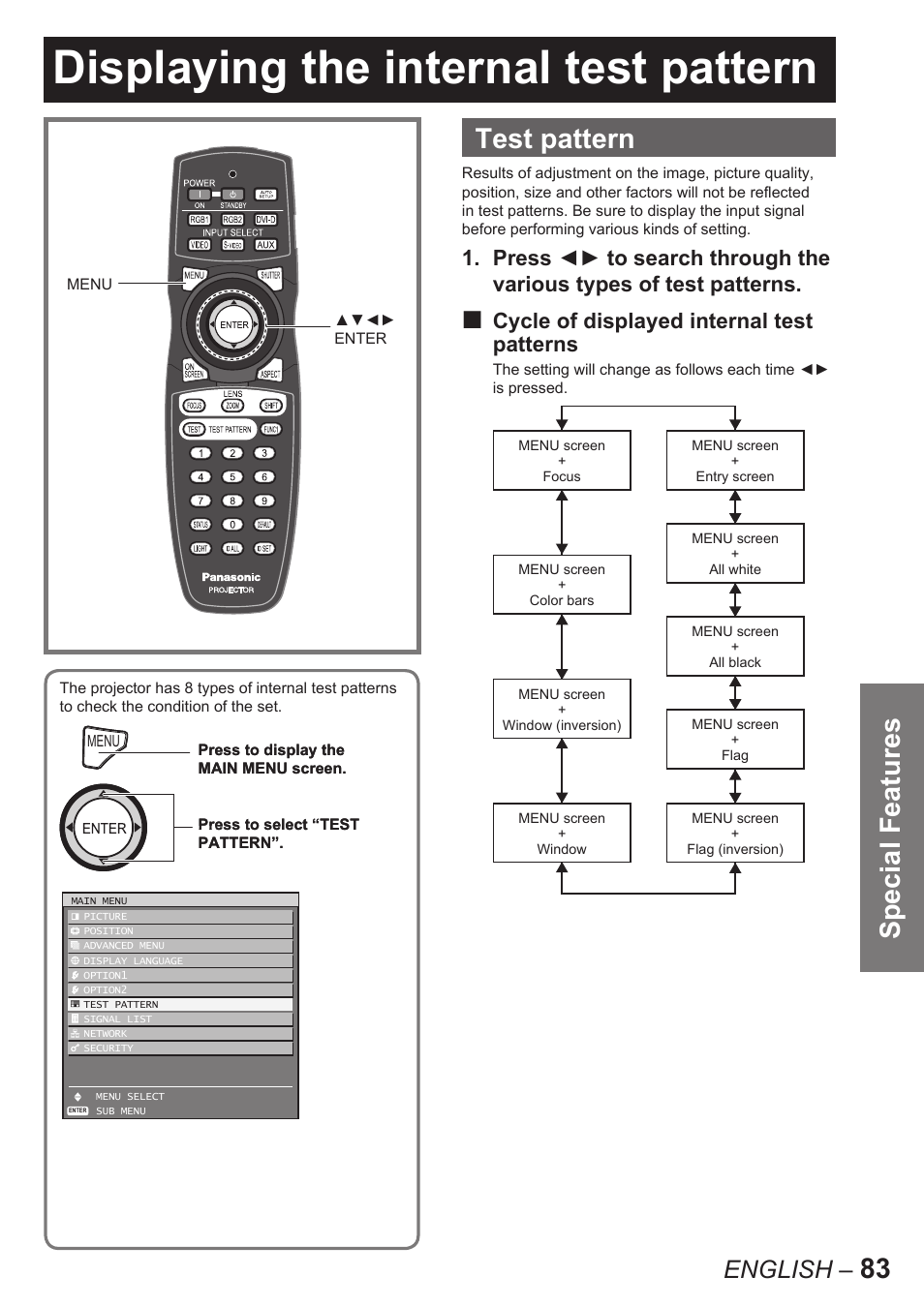 Displaying the internal test pattern, 83 special features, Test pattern | English | Panasonic PT-D10000U User Manual | Page 83 / 132