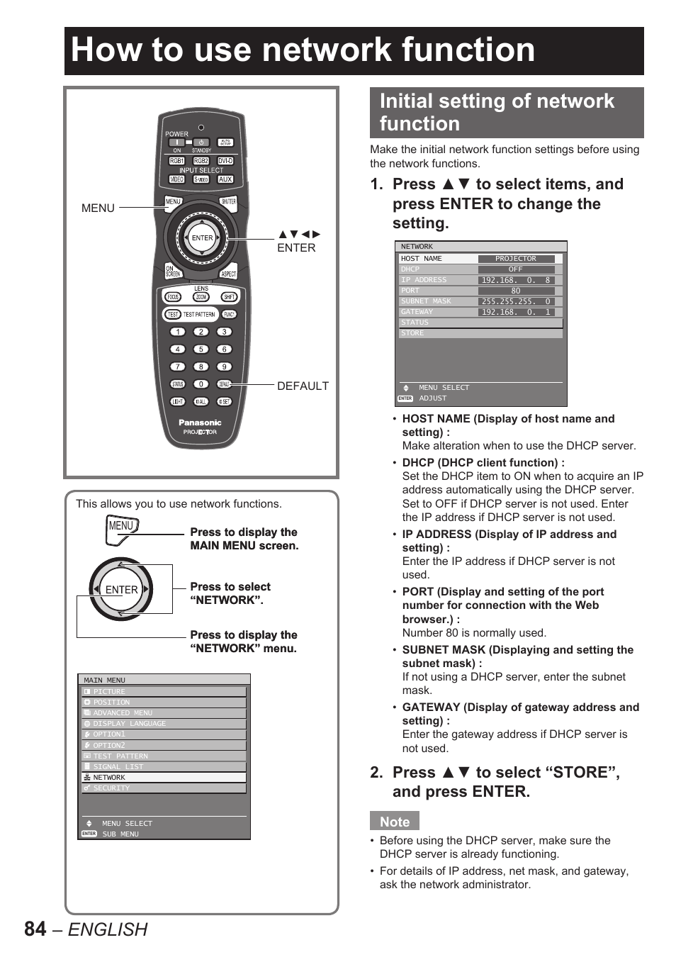 How to use network function, Initial setting of network function, English | Press ▲▼ to select “store”, and press enter | Panasonic PT-D10000U User Manual | Page 84 / 132
