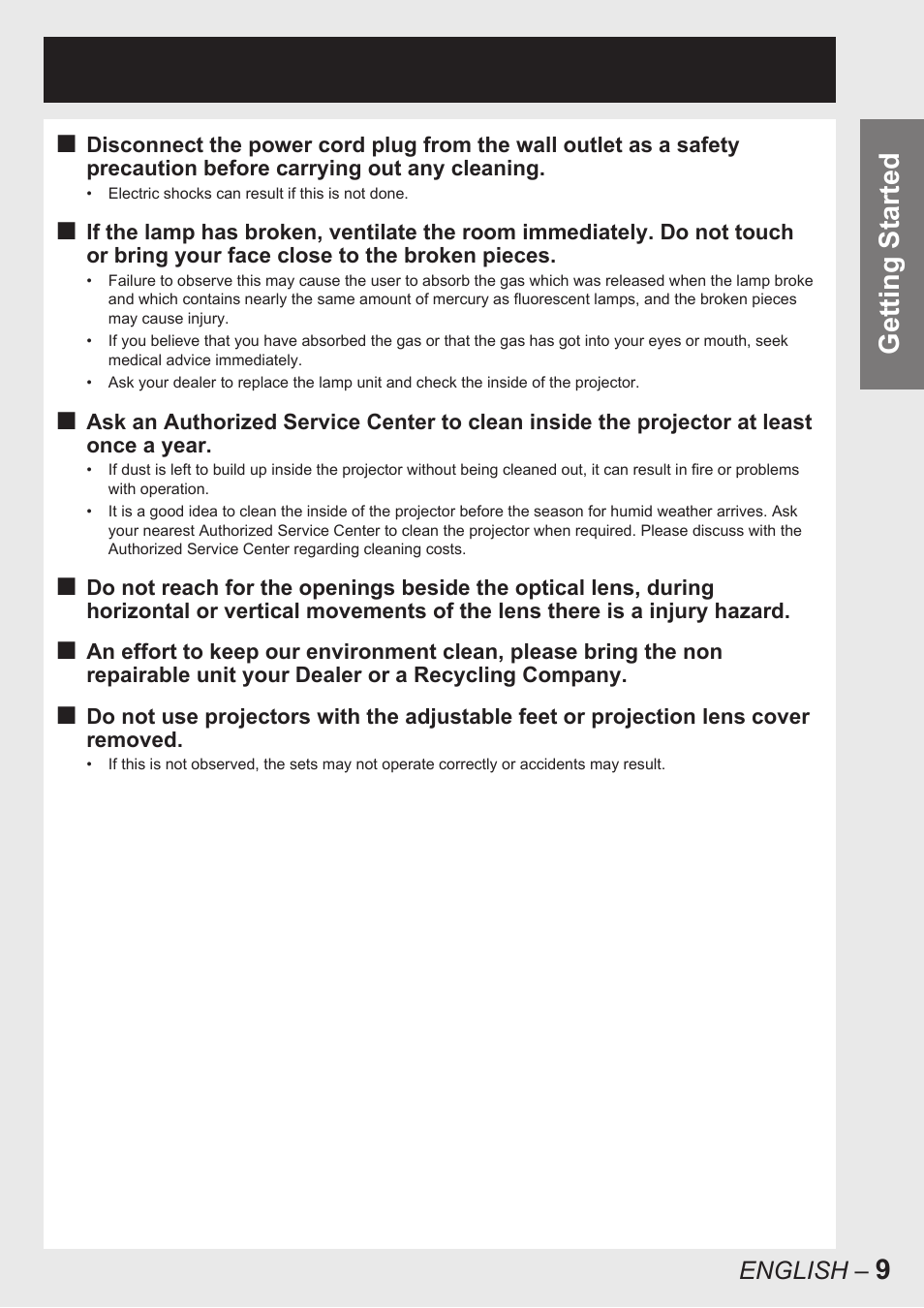 9getting started | Panasonic PT-D10000U User Manual | Page 9 / 132