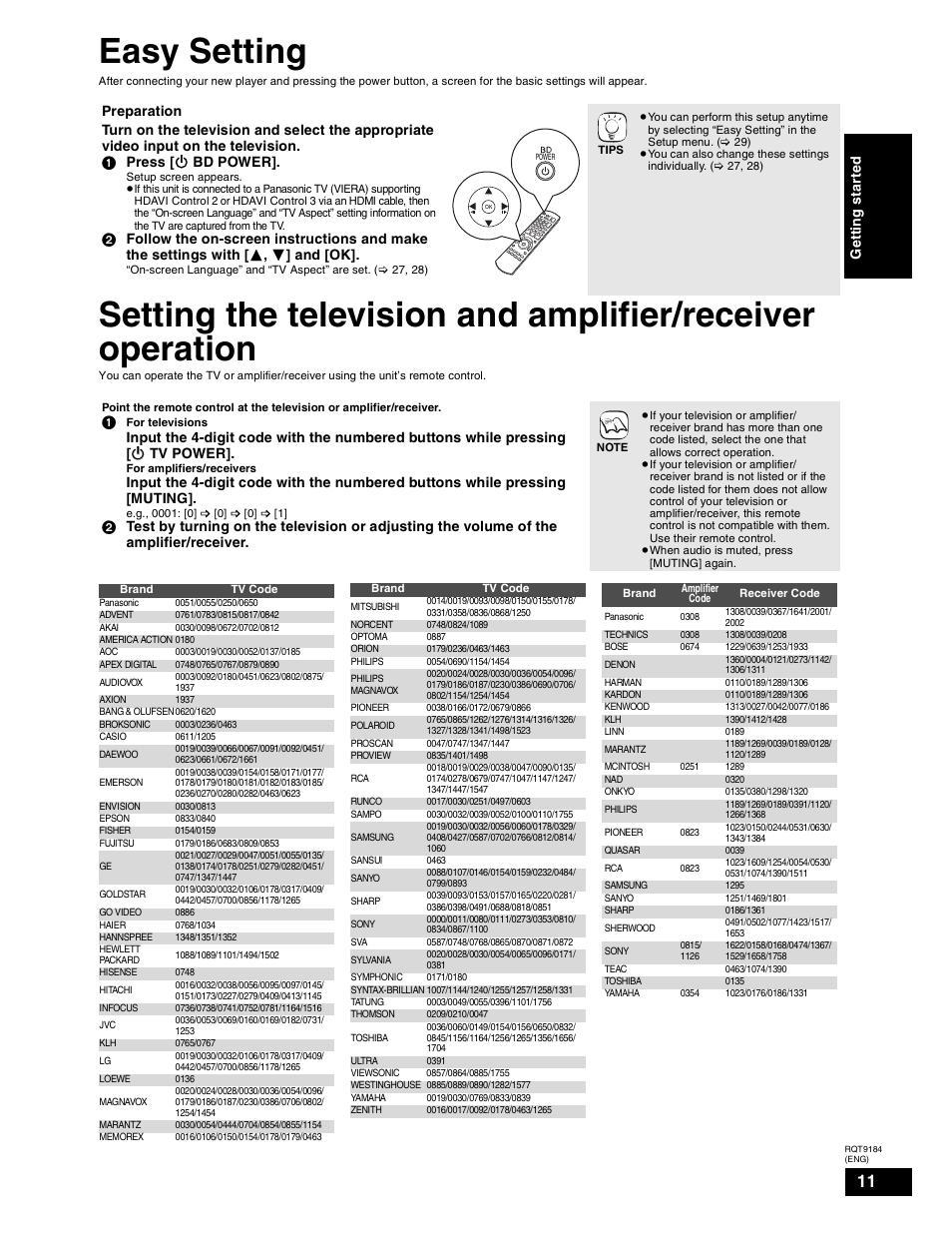 Easy setting - initial setup, Programming the remote control, Entering codes / code list | Easy setting | Panasonic DMP-BD50 User Manual | Page 11 / 50