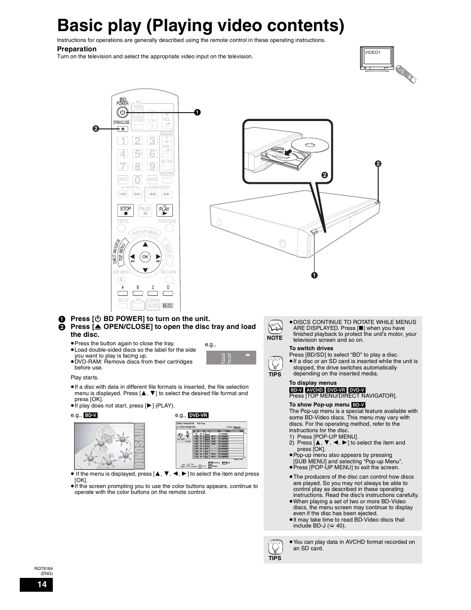 Playback, Preparing for playback, Basic play (playing video contents) | Preparation | Panasonic DMP-BD50 User Manual | Page 14 / 50