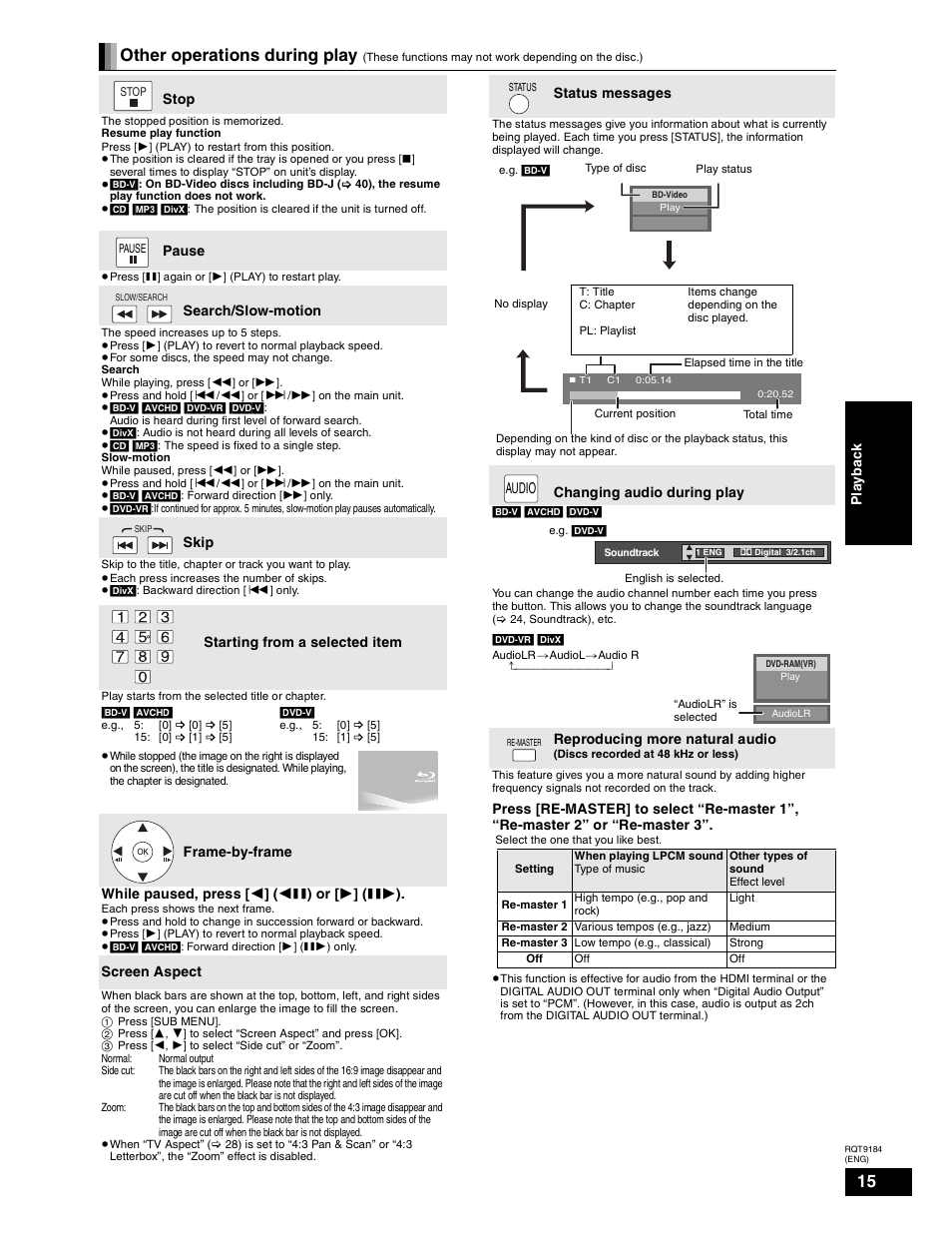 Other operations during playback, Stop, Pause | Search / slow motion, Skip, Direct access, Frame-by-frame, Screen aspect, Status messages, Changing audio during playback | Panasonic DMP-BD50 User Manual | Page 15 / 50
