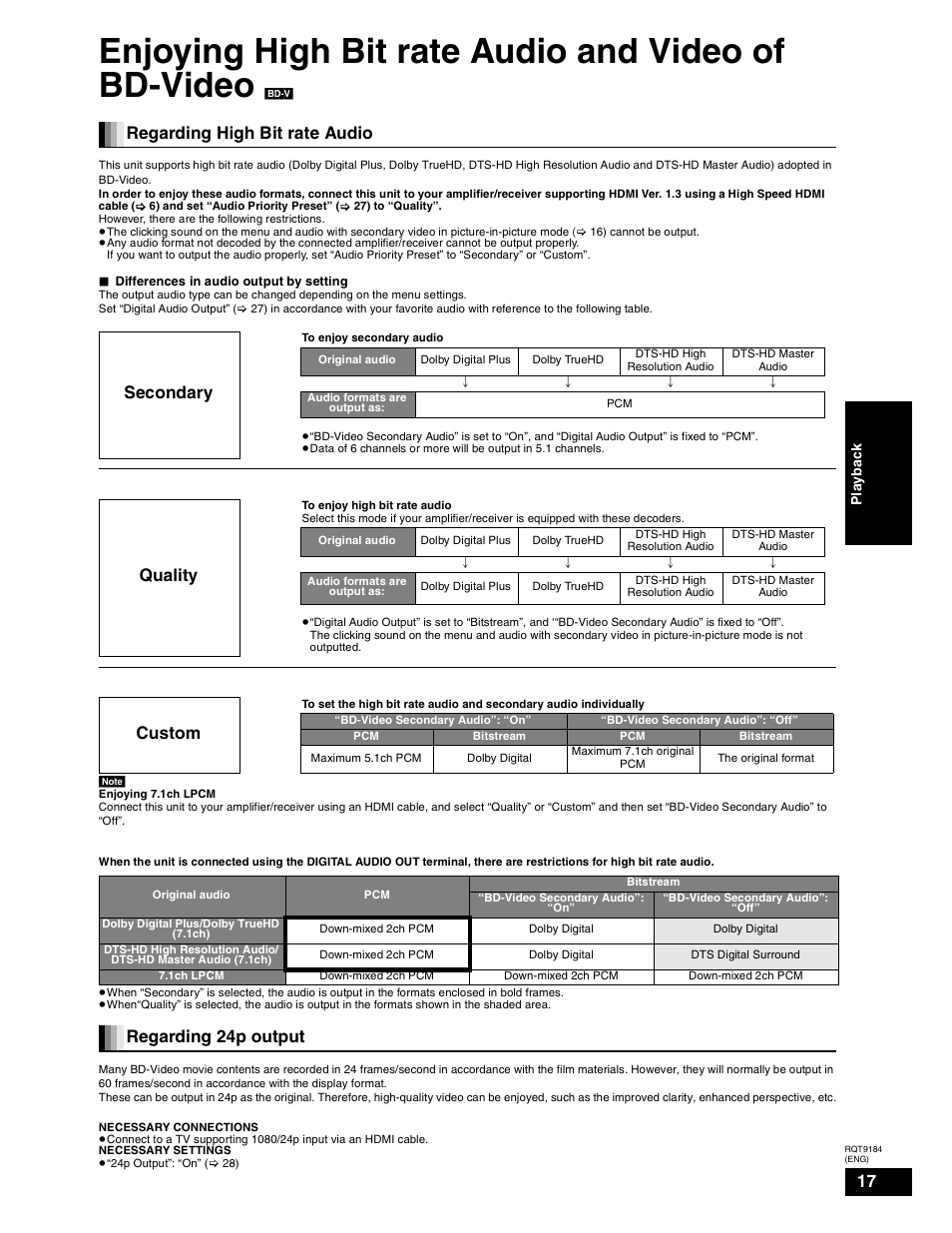 Enjoying high bit rate audio and video of bd-video, Regarding high bit rate audio secondary, Quality | Custom, Regarding 24p output | Panasonic DMP-BD50 User Manual | Page 17 / 50