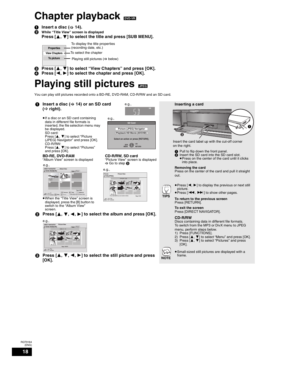 Chapter playback, Playing still pictures, Insert a disc ( > 14) | Insert a disc ( > 14) or an sd card ( b right), Inserting a card, Cd-r/rw, Bd-re, dvd-ram, Cd-r/rw, sd card | Panasonic DMP-BD50 User Manual | Page 18 / 50