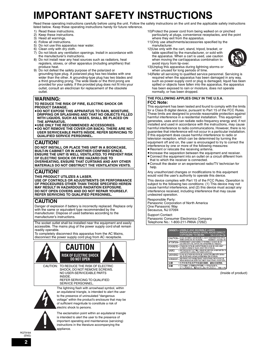 Important safety instructions, Warning, Caution | Panasonic DMP-BD50 User Manual | Page 2 / 50
